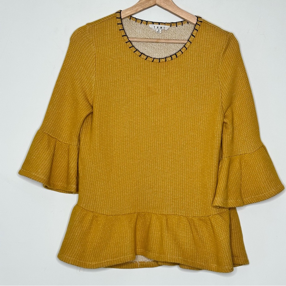 THML Womens Medium Mustard Yellow Peplum Pullover Top 3/4 Bell Sleeves